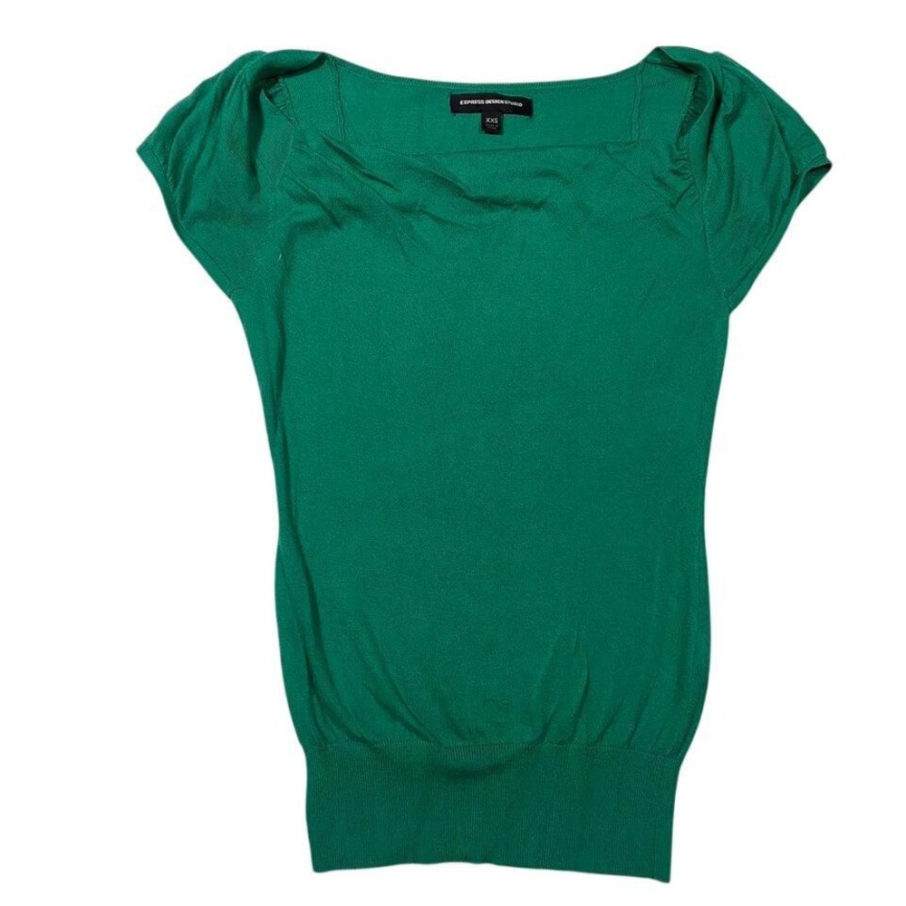Express Women's Green Emerald Square‎ Neck Puff Sleeve Sweater Knit Top XXS